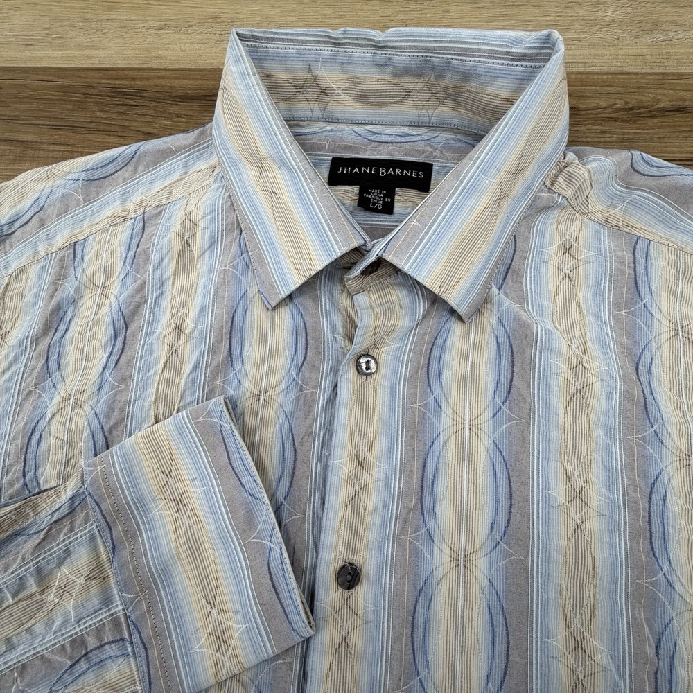 Jhane Barnes Men's Large Button-Up‎ Shirt Blue Striped Textured